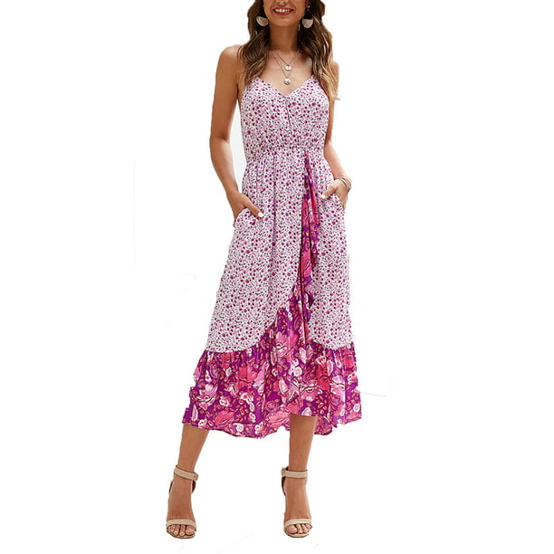 Women's Summer Polka Dot Short Sleeve Holiday Casual Baggy Boho Maxi Long Dress 